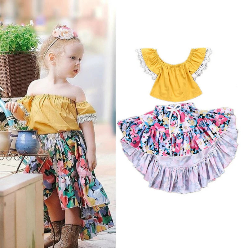 

Summer Girls Clothes Set Floral Skirt Off Shoulder Crop Tops 2pcs Suit For Sleeveless Tops With Skirt