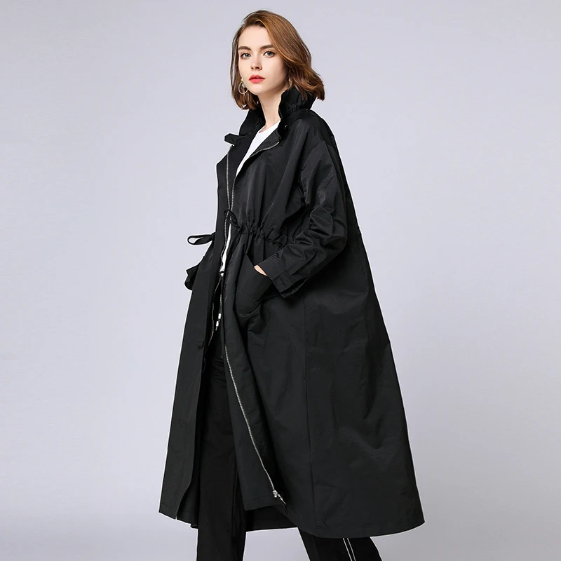 Trench Coats Plus Size Woman 2020Autumn Winter Oversized Red Black Long Elastic Waist Fashion Coat Outwear Female 4XL | Женская одежда