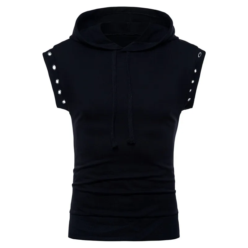 UNIVOS KUNI 2018 New Summer Fashion Braided Rope Hooded Sleeveless Men's T-Shirts Leisure Slim Pure Color Mannen T-shirts H69 | Мужская