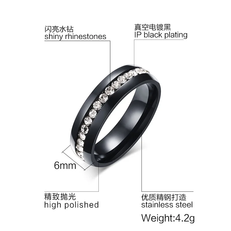 Black Qianbei 6 мм Кольца из нержавейки синий цвет серебристый, Золотой Черный CZ инкрустация кубического циркония Для женщин Для мужчин Свадебный Коктейль Выпускной Рождественский подарок - Цвет основного камня: Black