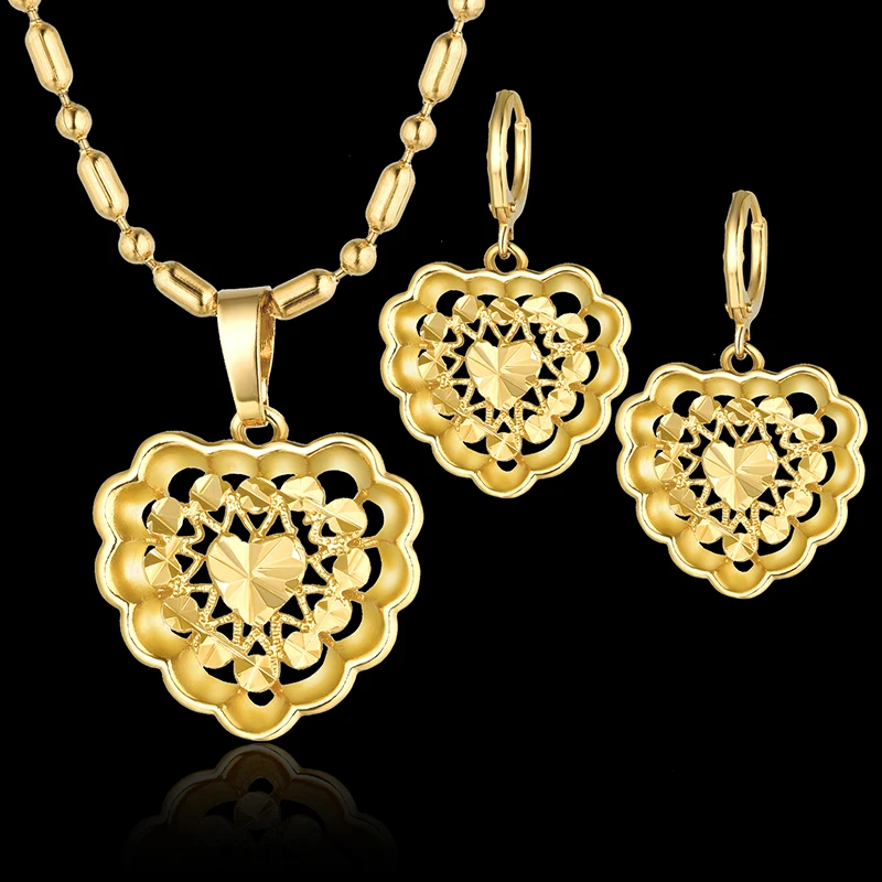

african Habesha Set Ethiopia heart pendant Necklace/Earrings Gold Color Dubai Sudan women girls Wedding bridal jewelry Gift