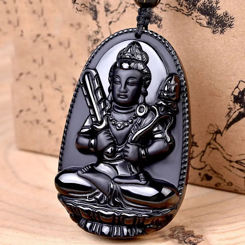 

Black Hand-carved Natural Obsidian Buddha Tiger Amulet Pendant Necklace