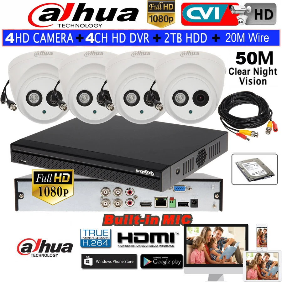 

DAHUA 1080P HD CCTV camera Security camera Built-in Mic HAC-HDW1200E-A 4CH HCVR5104HS-S3 Dome CVI camera kit HDD with 20m Wire