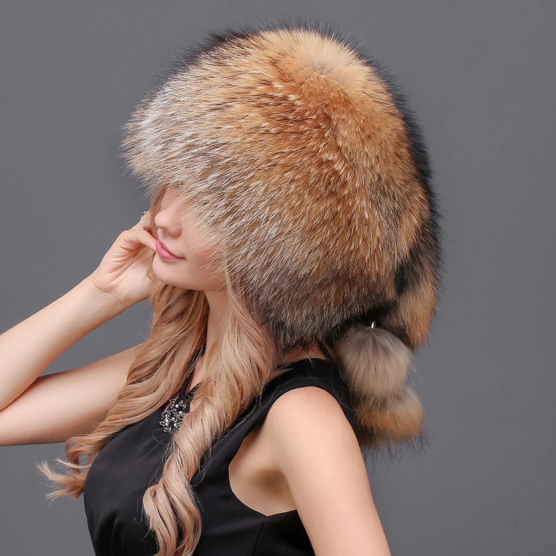 Women Winter Real Natural Fur Silver Red Fox Hat With Pom Pom Fox Tail Lady Winter Warm Hats Soft Hairy Cap