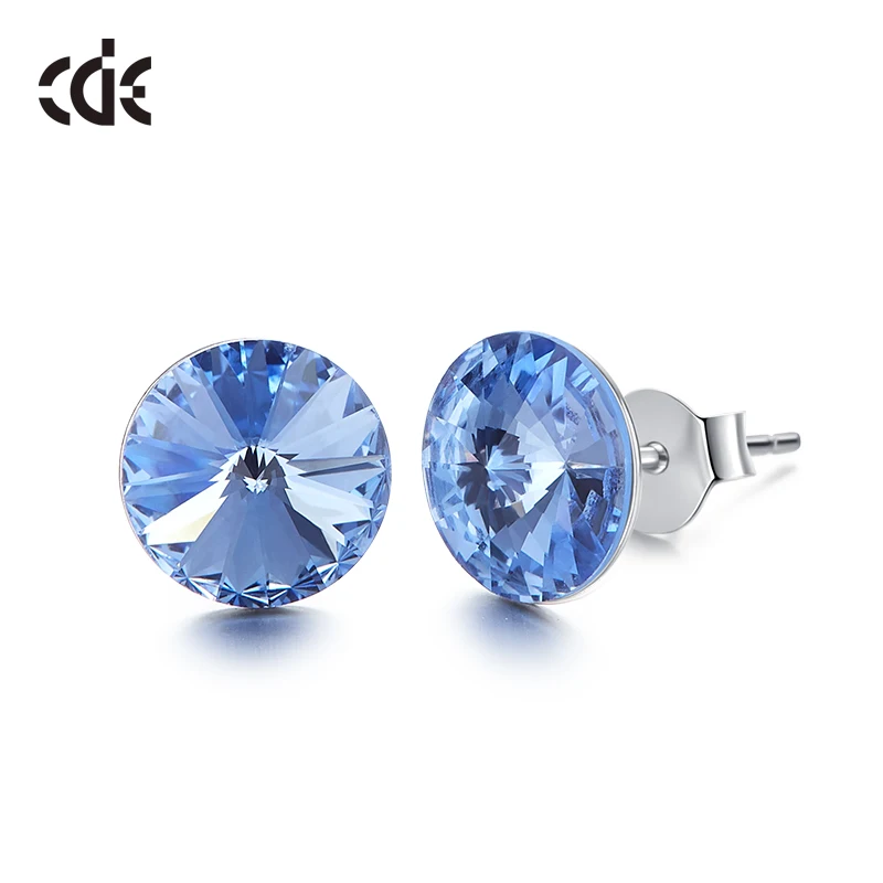 Light blue CDE 925 пробы серебряные серьги, украшенные кристаллами Swarovski, круглые геометрические серьги-гвоздики, женские подарочные украшения для ушей - Цвет камня: Light blue