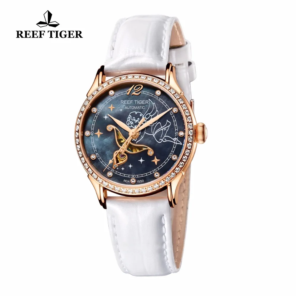 Женские автоматические часы Reef Tiger механические из телячьей кожи с бриллиантами