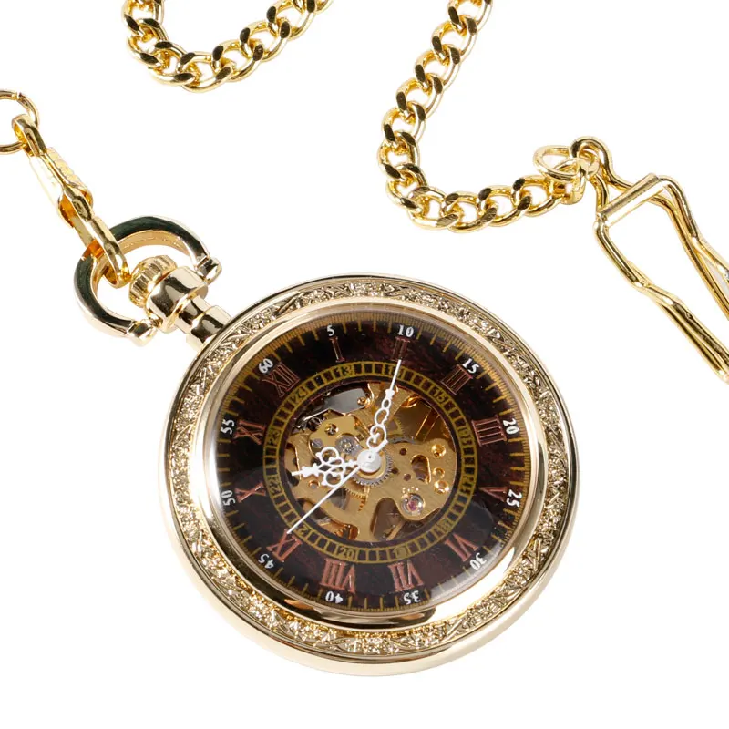Vintage Golden Skeleton Porket Watch Unisex Retro Mechanical Hand Wind Watch Open Face Design Roman Numbers Watches in Gift Bag