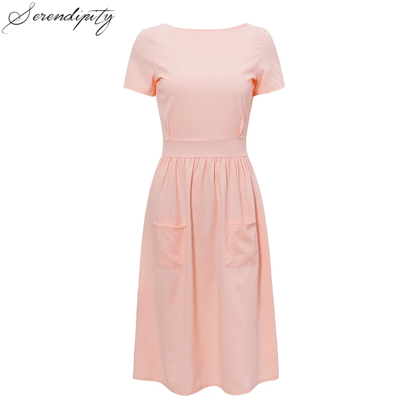 Платье SRDP женское однотонное а-силуэта с карманами средней длины элегантное