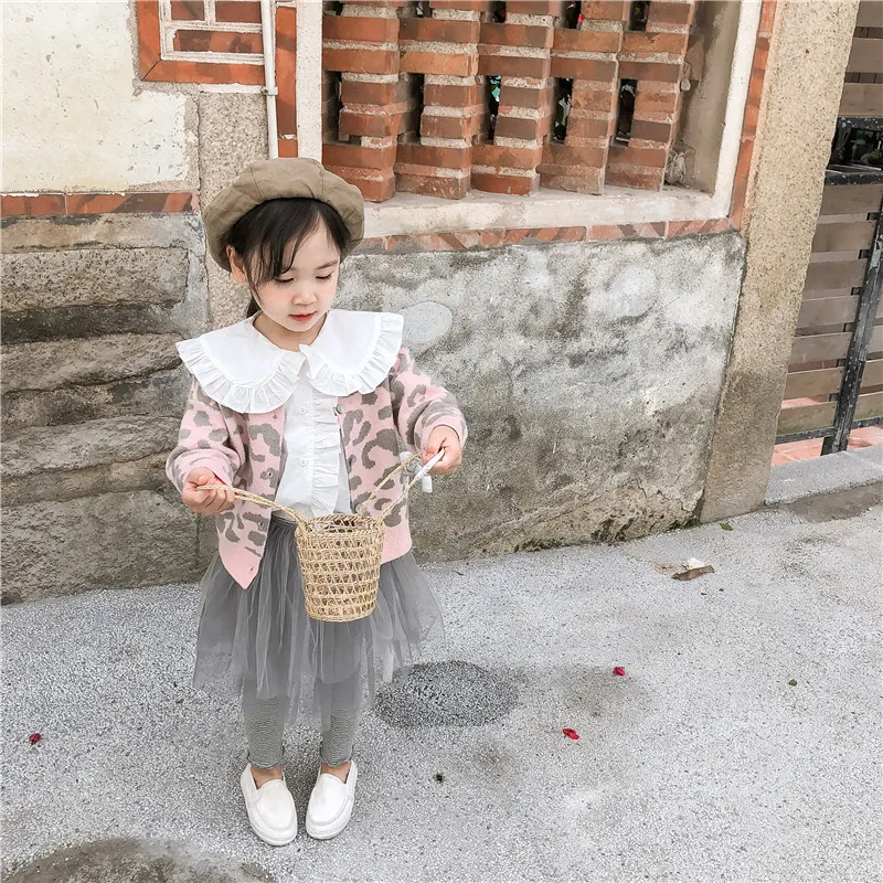 Весна Новые детские Clothig Девушки Leopard вязаный кардиган, Свитера Однобортный малышей Детские свитера куртка От 1 до 6 лет