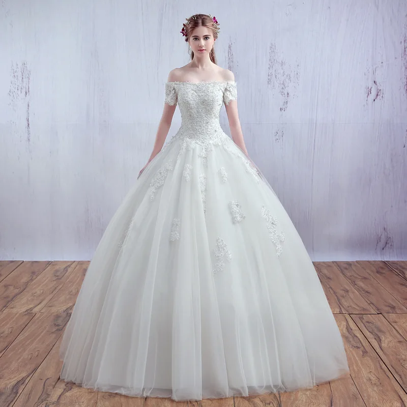 

Wedding Dress New Arrival Lace Beads Short Sleeves Embroidery Boat Neck Princess Wedding Gowns Vestidos De Novia