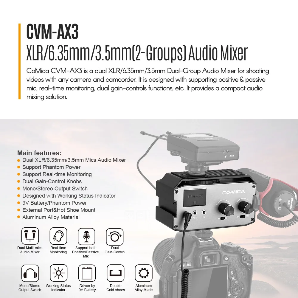 CoMica CVM-AX3 XLR Microphone Mic Audio Mixer Adapter Preamplifier for Canon Sony DSLR Camera Camcorder | Электроника