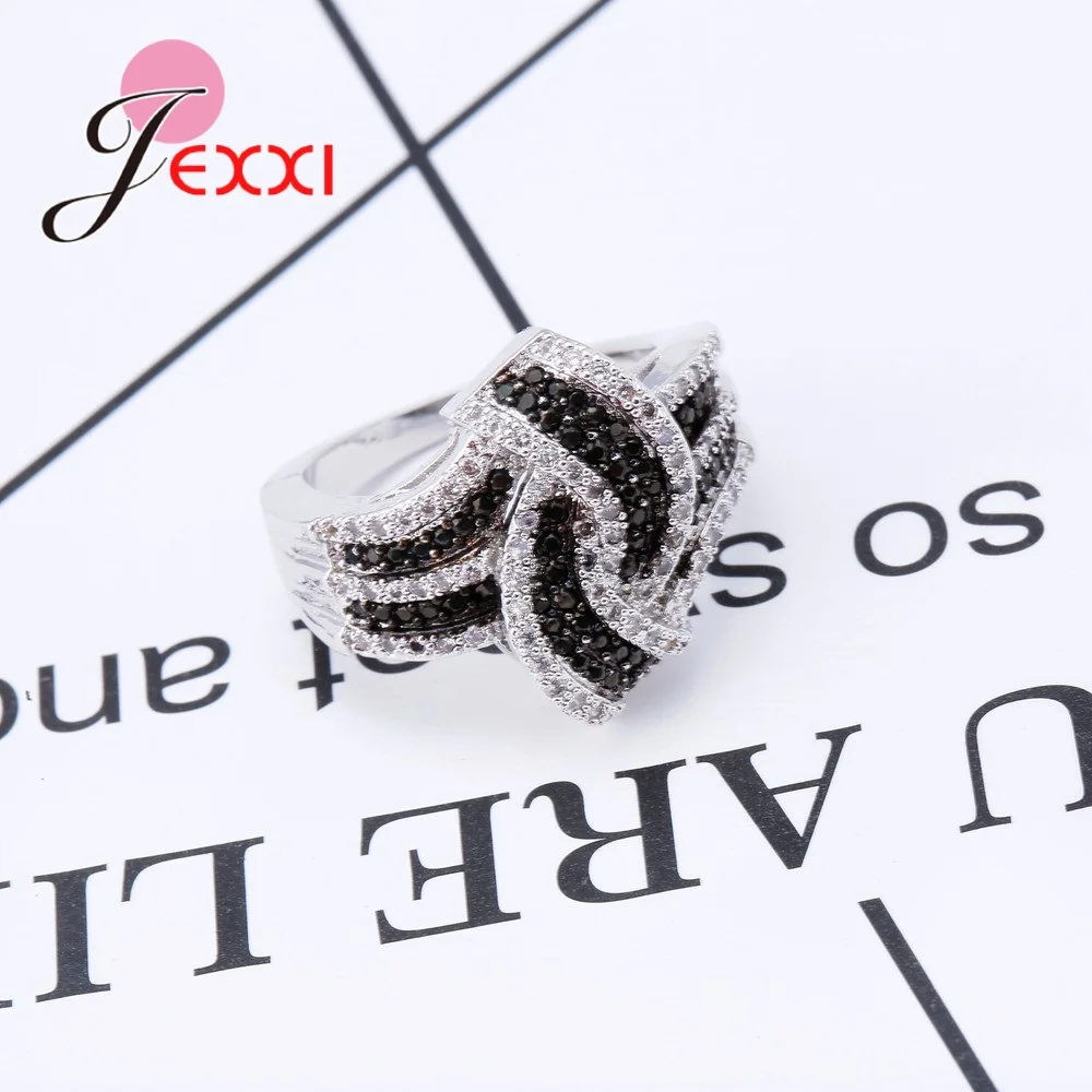 

Pretty Cross Twist Ring Micro Inlay Full White/Black Africa Crystal Hot Women Jewelry Gift Solid 925 Sterling SilverFinger Rings