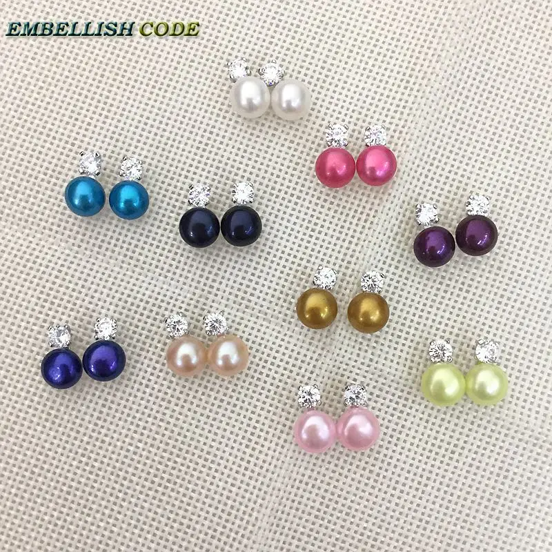 

charming! natural freshwater Cultured 8mm round fine pearls jewelry earrings zirconium 6 color for women
