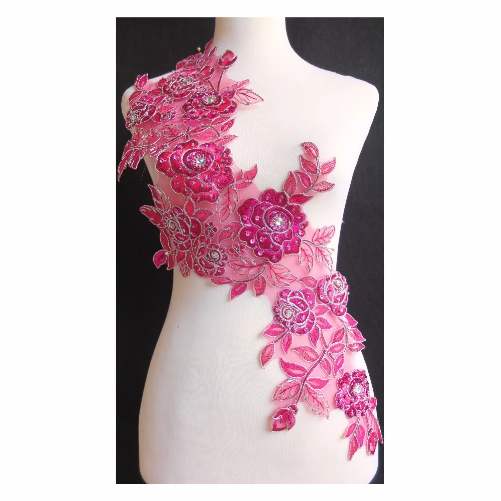 Новый фуксия розовый ручной работы из бисера блестками 3D цветок вышивка декольте