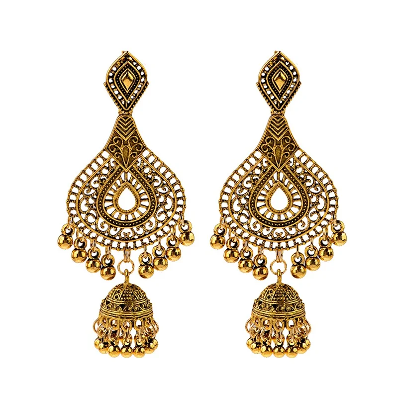 HXE116-1 Этнические женские индийские серьги Jhumka, винтажная Капля воды, висячие серьги, классический полый фонарь с кисточками, дворец Orecchini Donna - Окраска металла: HXE116-1