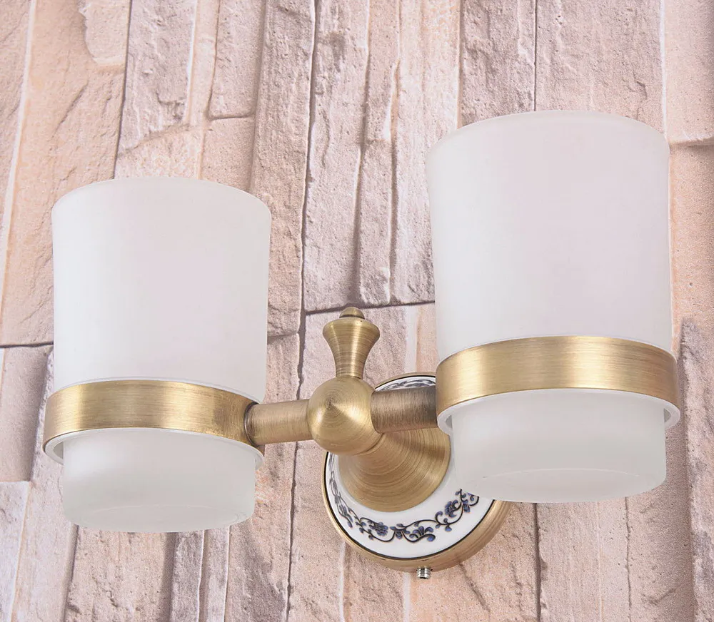 

Wall Mounted Vintage Retro Antique Brass Bathroom Toothbrush Holder Set Bathroom Accessory Dual frosted Glass Cup mba781