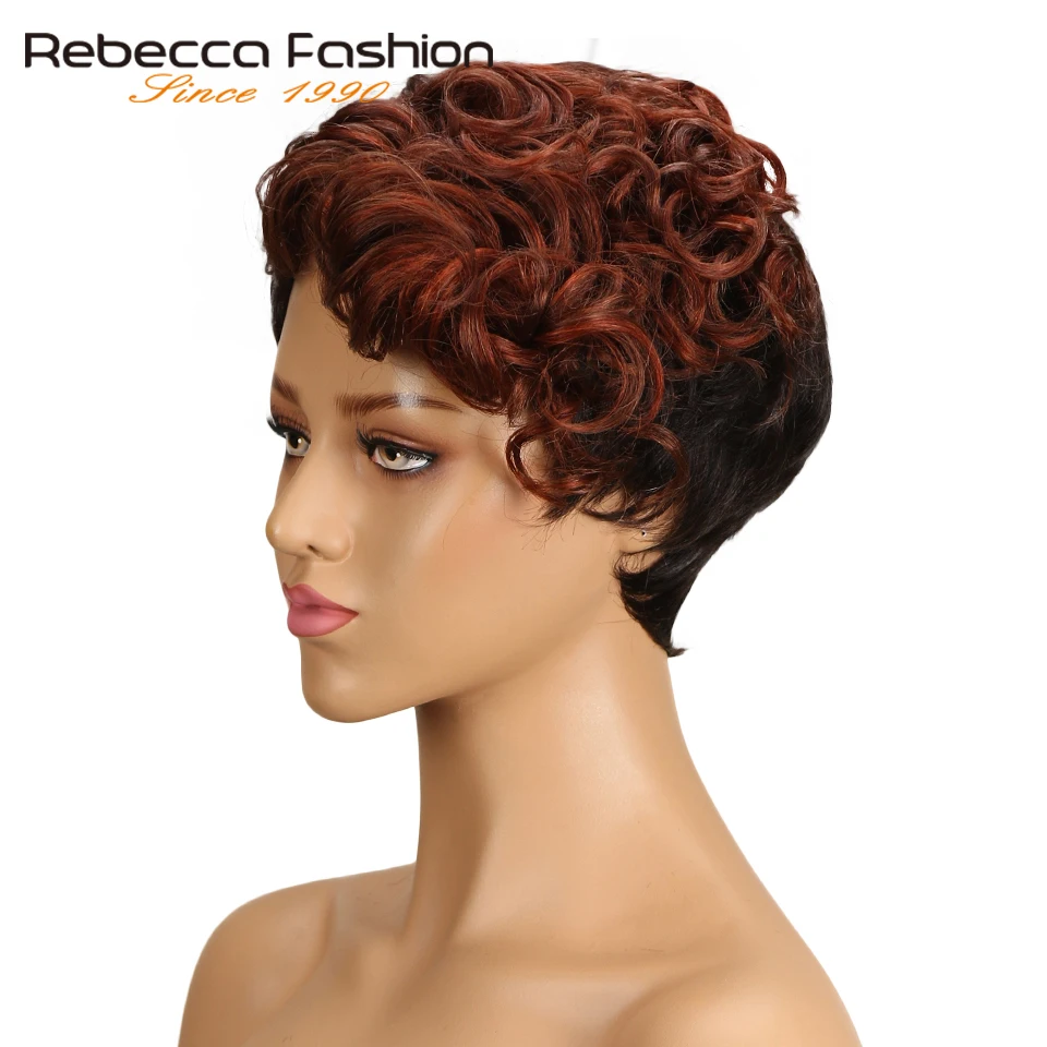 Rebecca Short Sassy Curly Hair Wig Peruvian Remy Human Wigs For Black Women Brown Red Mix Color Machine Made Free Ship | Шиньоны и - Фото №1