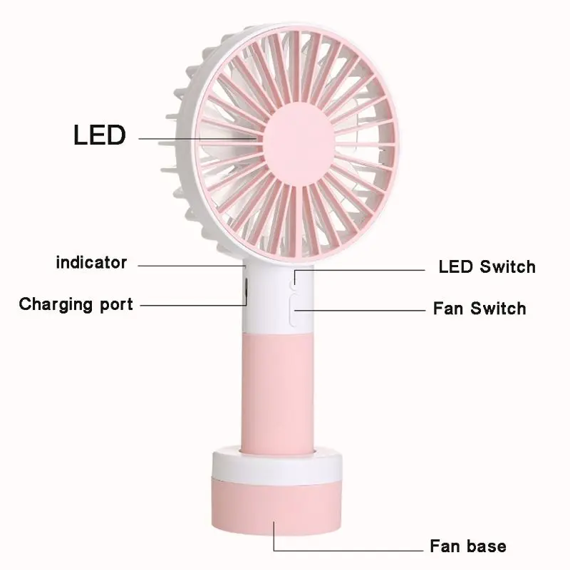 

Mini Handheld Fan with Colorful Light Sports Portable Rechargeable USB Fan with Standing Base 3 Speed Desktop Fan