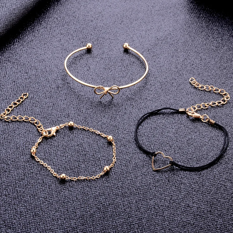 3 Pcs/set Fashion Bohemia Bow Knot Heart Rope Charm Bracelet Set Women Gold Color Chain Link Braclet Pendant Handmade Jewelry | Украшения и