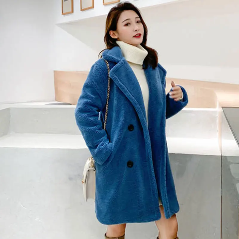 Blue Женское пальто из искусственного меха, зимнее плотное теплое длинное меховое пальто, модные меховые куртки с отворотом, верхняя одежда больших размеров 148 - Цвет: Blue