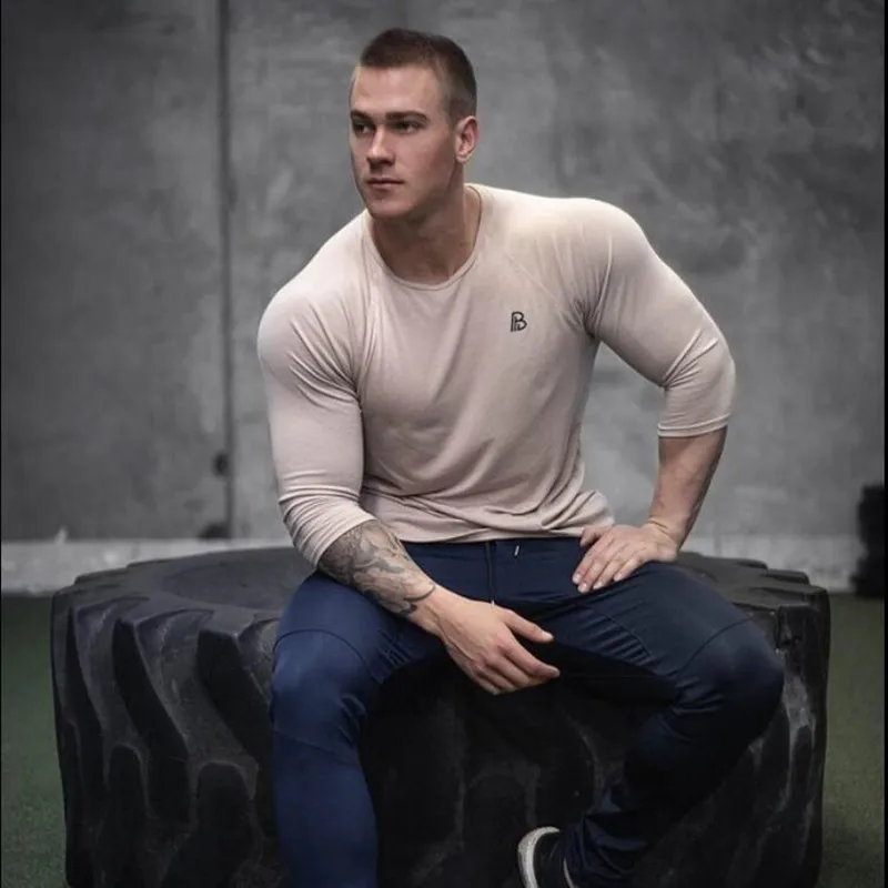 Mens tight sports round collar fitness gym long seeves spring autumn workout running t-shirt - Цвет: Бежевый