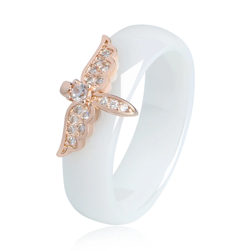 Rose Gold White Ring CZ Стразы кольца бабочки для женщин 6 мм здоровые никогда не выцветают цвет керамические кольца розовый синий черный белый цвет модные ювелирные изделия - Цвет основного камня: Rose Gold White Ring