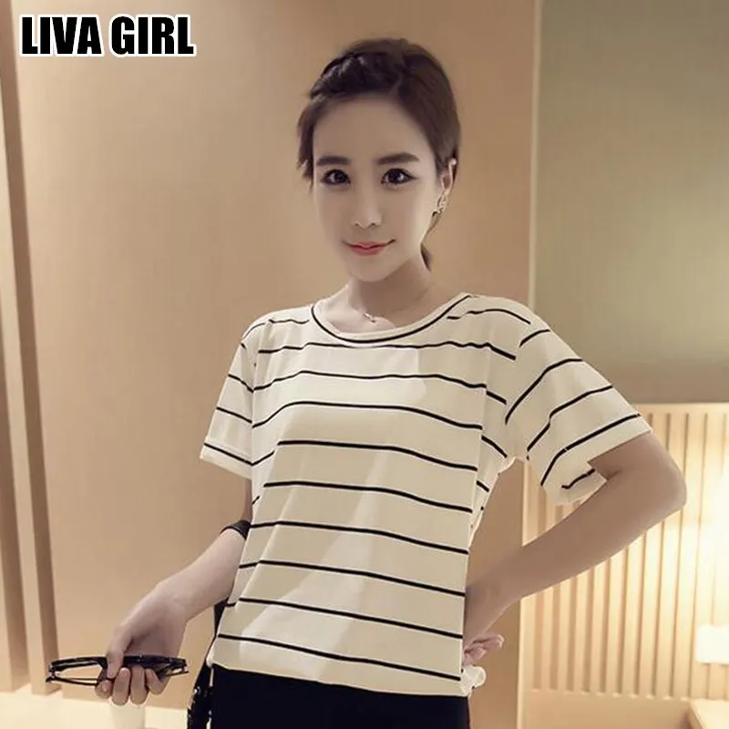 Liva Girl Simple Summer Fashion Women Black White Striped Short Sleeve Loose Tops Female Shirts Clothing Gifts | Женская одежда