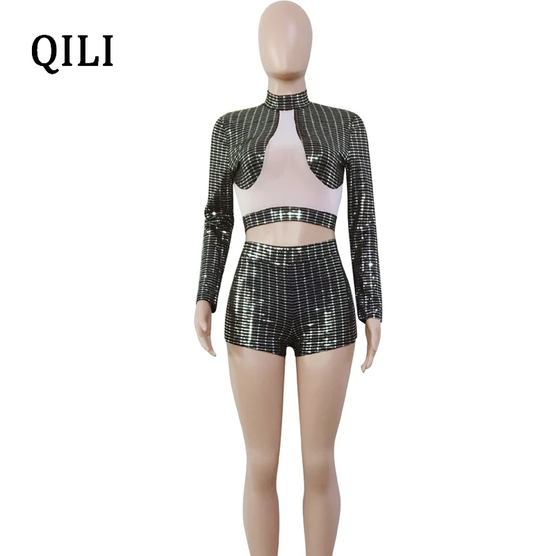 QILI Flash Sequined Комбинезоны женские комбинезоны с длинным рукавом из 2 частей Сетки