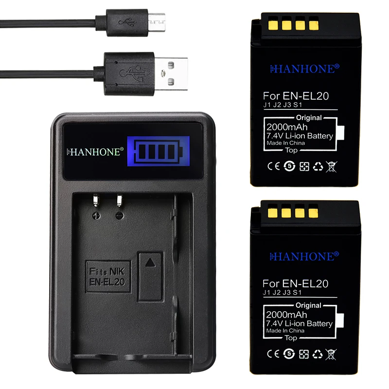 Аккумуляторы для фотоаппаратов 2000 мАч 2 шт. + зарядное устройство цифровых Nikon EN-EL20