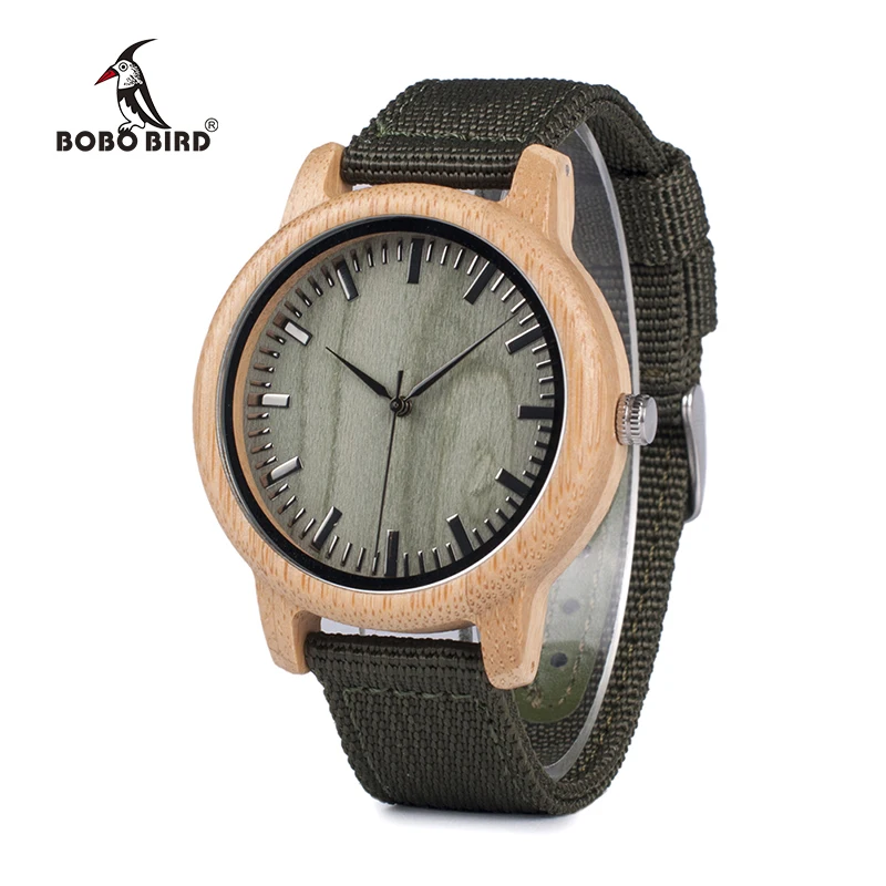 

BOBO BIRD V-D11 Mens Bamboo Wooden Quartz Watches Green Wooden Face Green Nylon Strap Quartz Watch relojes hombre