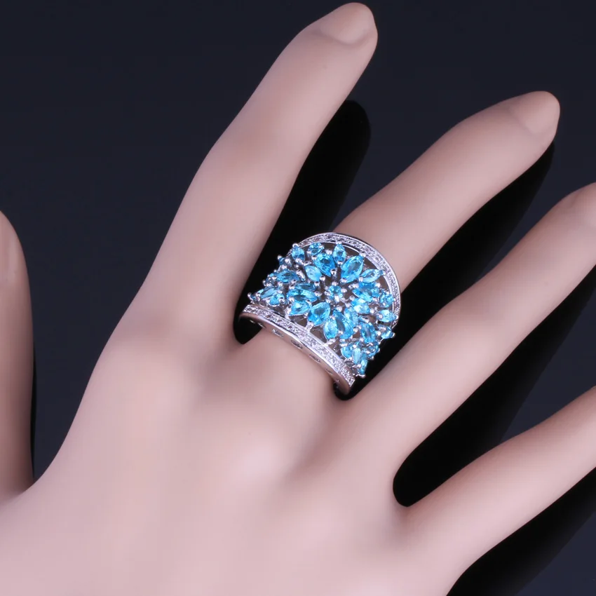 Astonishing Huge Sky Blue Cubic Zirconia White CZ Silver Plated Ring V0156 | Rings