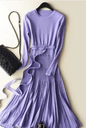 Light Purple Sparsil женские кашемировые платья с О-образным вырезом на осень и зиму, облегающие пуловеры с длинным рукавом и поясом, эластичное трикотажное Женское Платье До Колена - Цвет: Light Purple