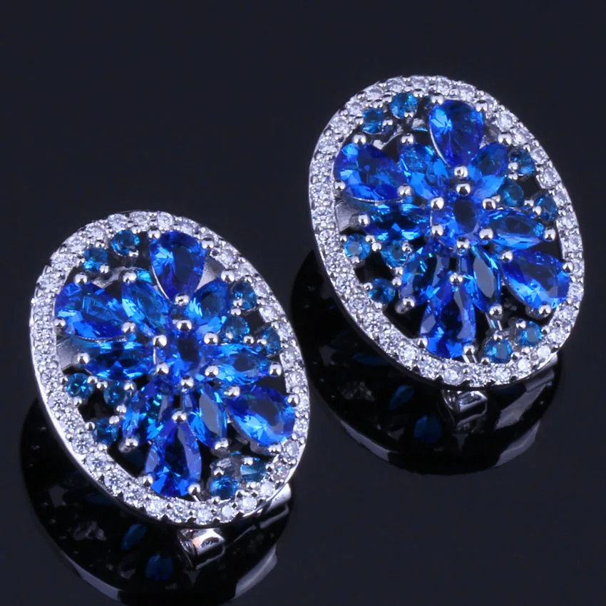 

Magic Blue Cubic Zirconia White CZ Silver Plated Clip Hoop Huggie Earrings V0376