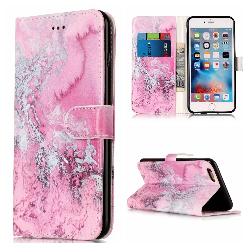100 шт./лот чехол кошелек с мраморным рисунком подставкой кожаный + ТПУ для iphone 5G/ 6G