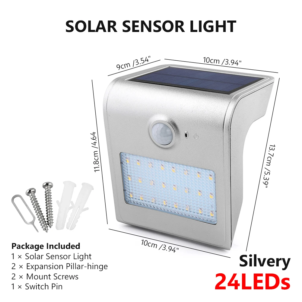 silver 24leds TSLEEN Водонепроницаемый светодиодный светильник на солнечной батарее с датчиком PIR, настенный светильник для патио, садовые лампы, 24, 46 светодиодный светильник s, светильник на солнечной батарее с батареей 18650 - Испускаемый цвет: silver 24leds