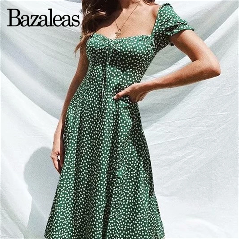 Slim vestidos Green Floral Print Midi Dress Bust Bow Tie summer Vintage Lantern Sleeve women dresses Drop ship | Женская одежда