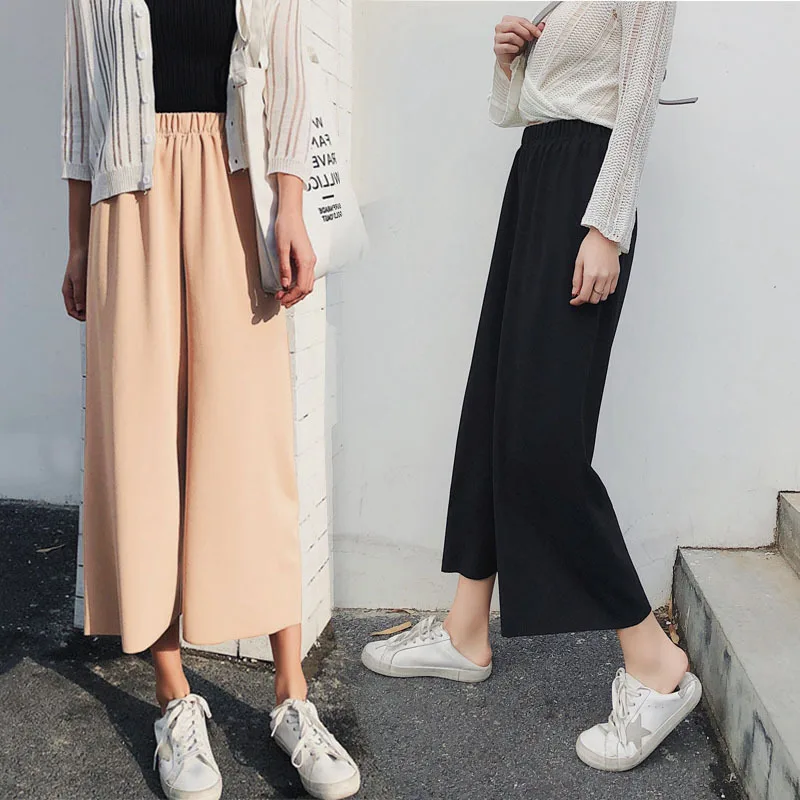 Elastic Waist Solid Culotte Loose Pants Ginger Mid Women Plain Wide Leg Trousers 2019 Spring Elegant Work Plus S-3XL | Женская одежда