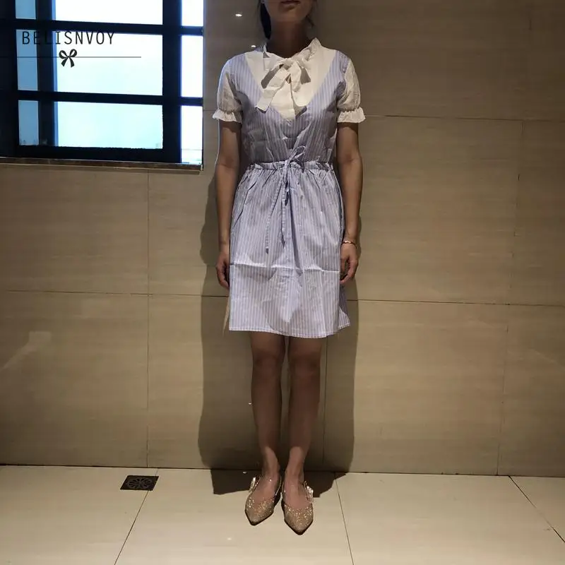 Preppy Style Summer Women Dresses Patchwork Pink Blue Bow Girl's School Uniform Dress Elegant Short Sleeve Kawaii Striped | Женская