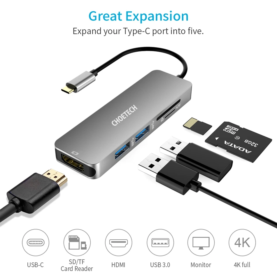 CHOETECH USB C концентратор многопортовый конвертер с 4 K HDMI 30 Гц видео выход 2 3 0 порты и