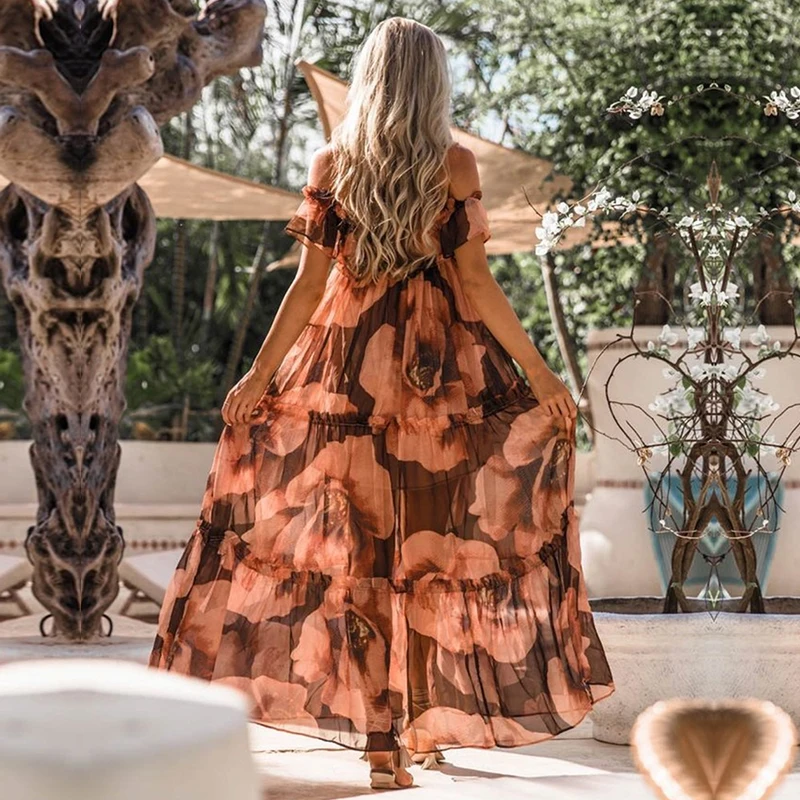 Для женщин Макси Boho Вечерние Длинное платье печать с плеча 2018 Популярные рукавов