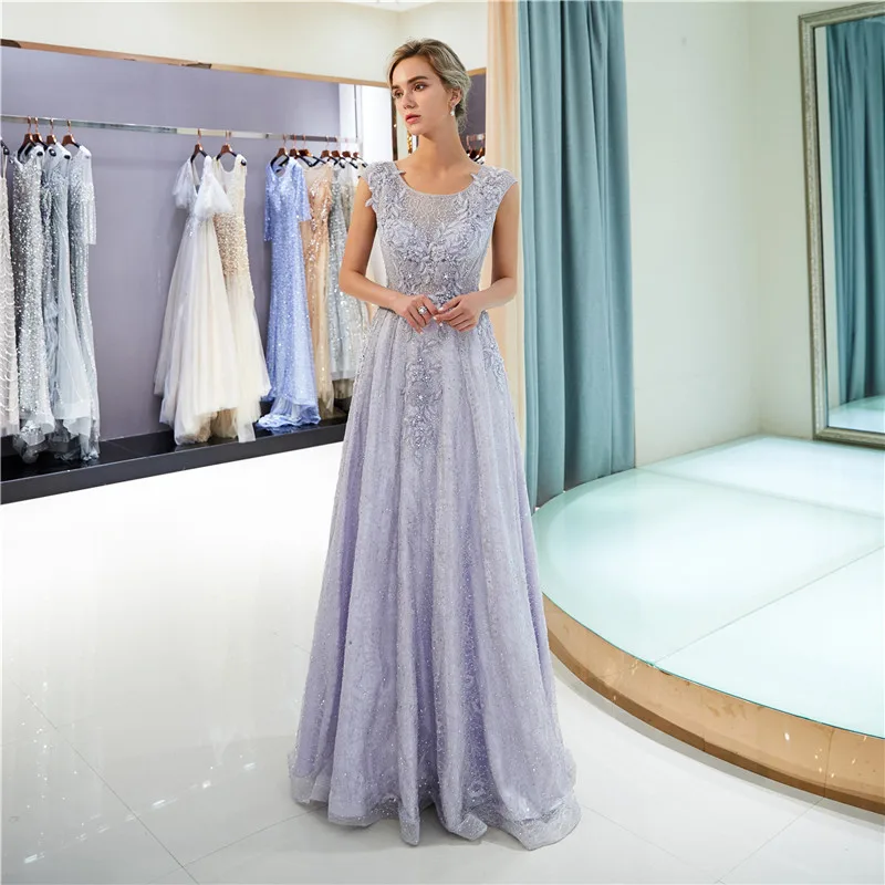 Lace tulle prom dress applique light purple prom dresses formal dress floor length evening dresses O neck Pearls Crystal vestido