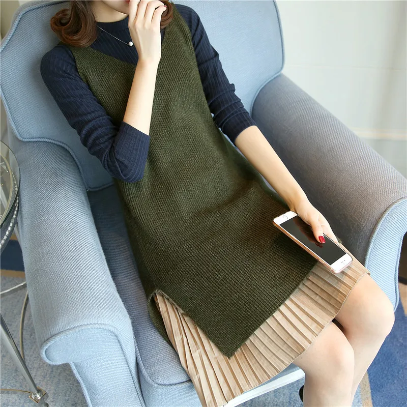 Женский трикотажный Костюм-двойка с V-образным вырезом и юбкой в Корейском стиле