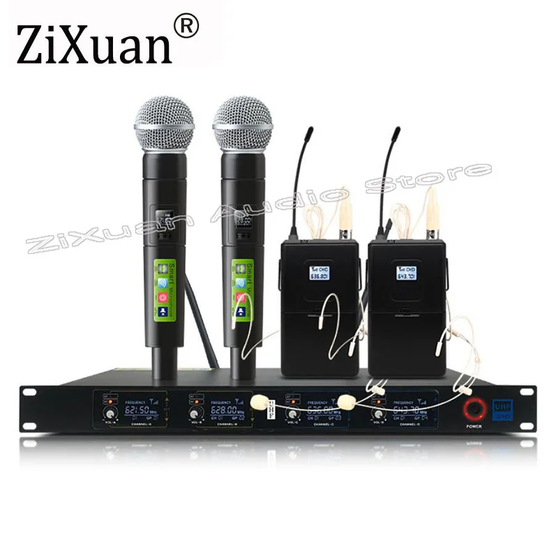Профессиональная 4-канальная беспроводная система микрофонов UHF с 4 гарнитурными микрофонами с передатчиками в корпусе + 1 приемник, устанавливаемый в стойку.