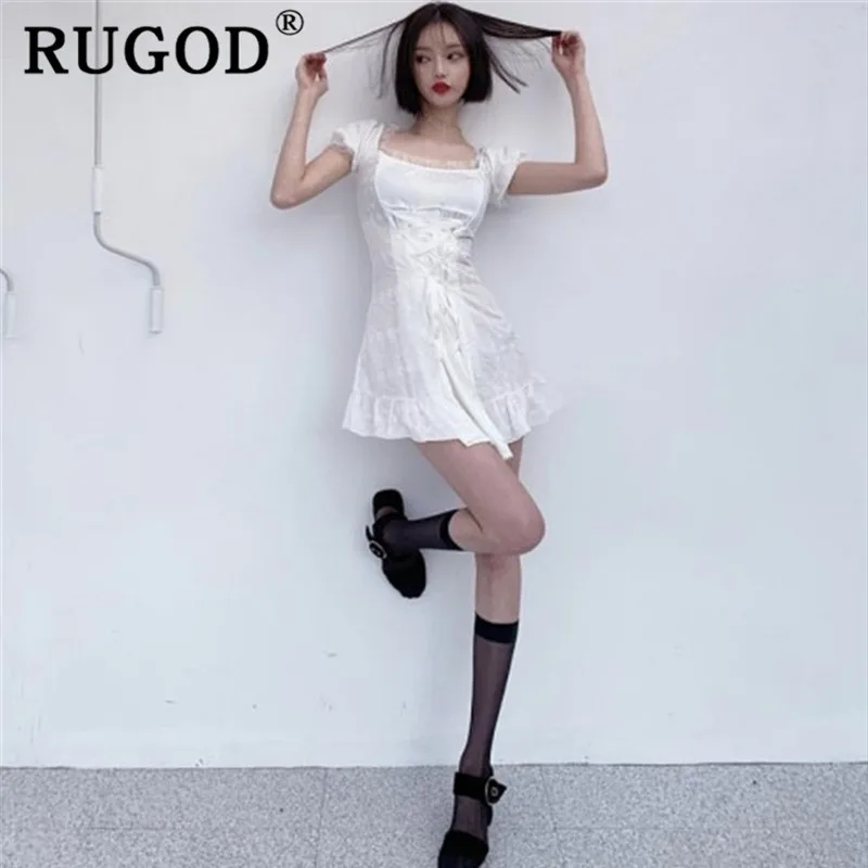 RUGOD корейское мини Белое Женское платье 2019 летнее элегантное с пышными рукавами