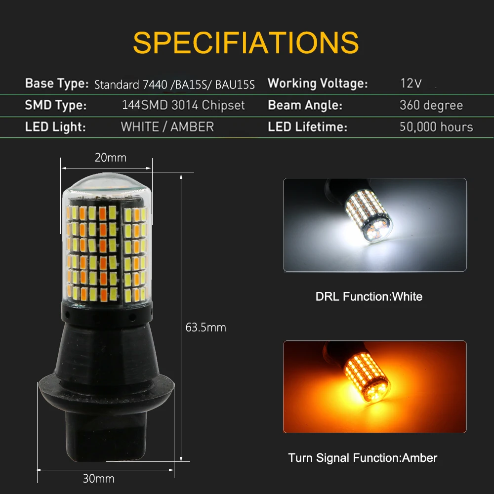 2x ba15s BAU15S 1156 p21w 3014 144smd T20 W21W WY21W 7440 light Dual Color Turn Signal Light canbus DRL Driving Running | Автомобили и