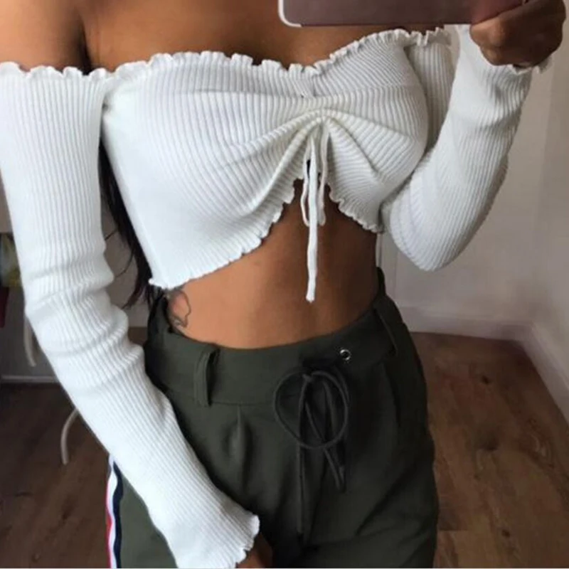 Women Blouse Female Casual Long Sleeve T blouse Solid Sexy Tops Tees For Lady And Girls Slash Neck Lace-Up Spring |