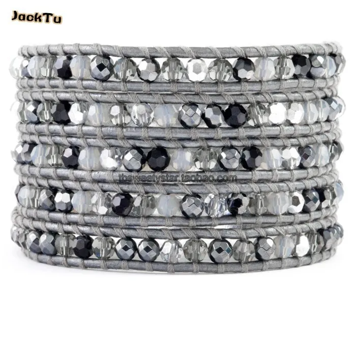 

JTJACKTU grey beads mixed crystal silver leather wrap bracelet