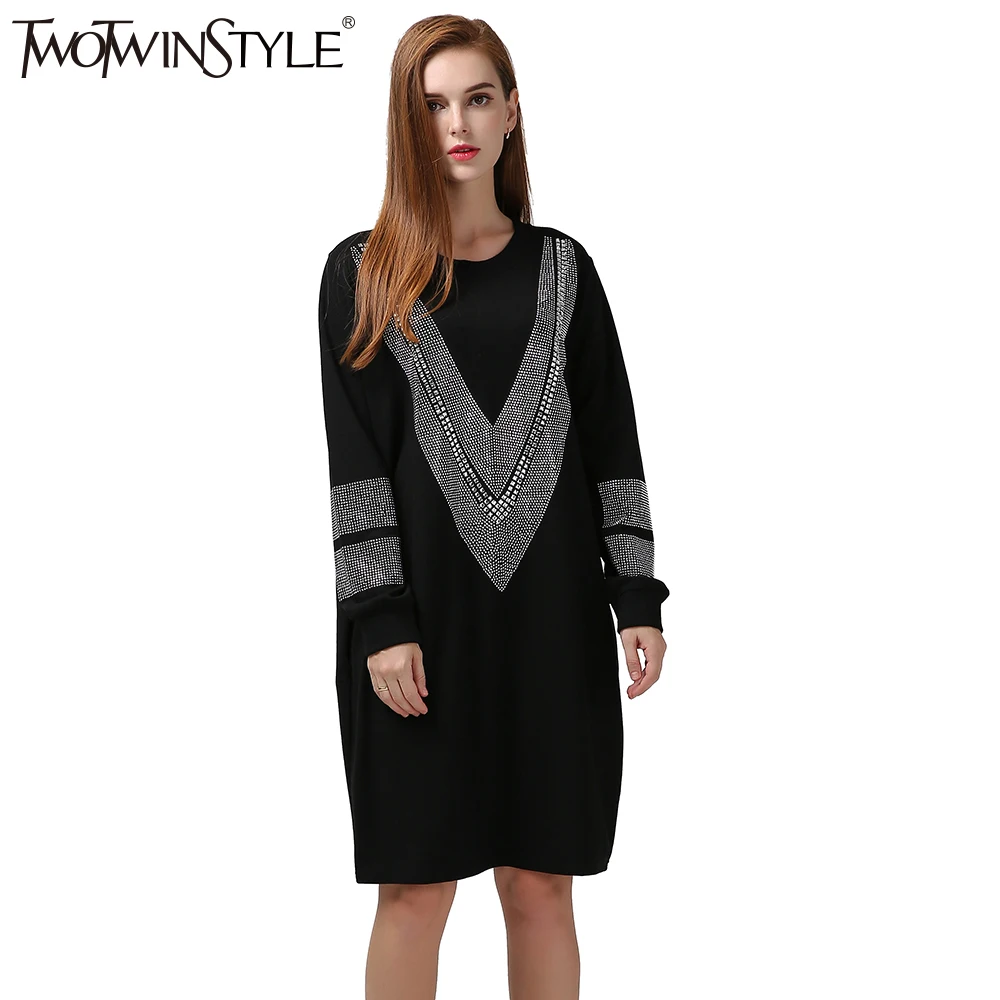 Twotwinstyle Лето 2017 г. Для женщин бриллиантами длинная футболка Мини-платья рукав