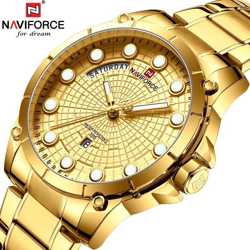 NAVIFORCE Топ люксовый бренд мужские s золотые часы из нержавеющей стали Мужские Аналоговые кварцевые наручные часы модные деловые часы мужские часы