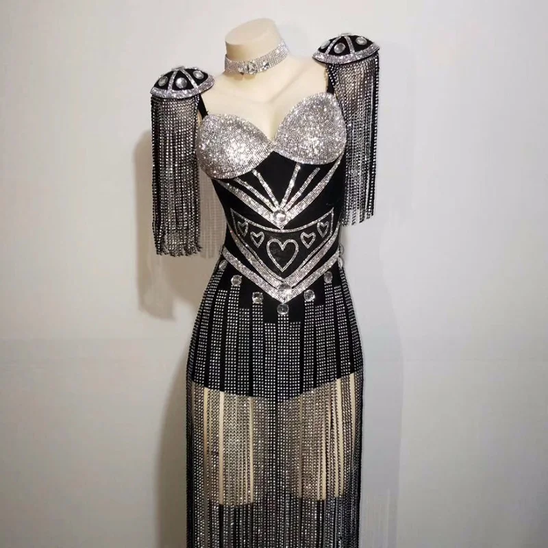 New Crystals Epaulet Fringes Leotard Sexy Women Sparkly Tassel Outfit Women Celebrate Costume Stage Party Singer Dance Wear